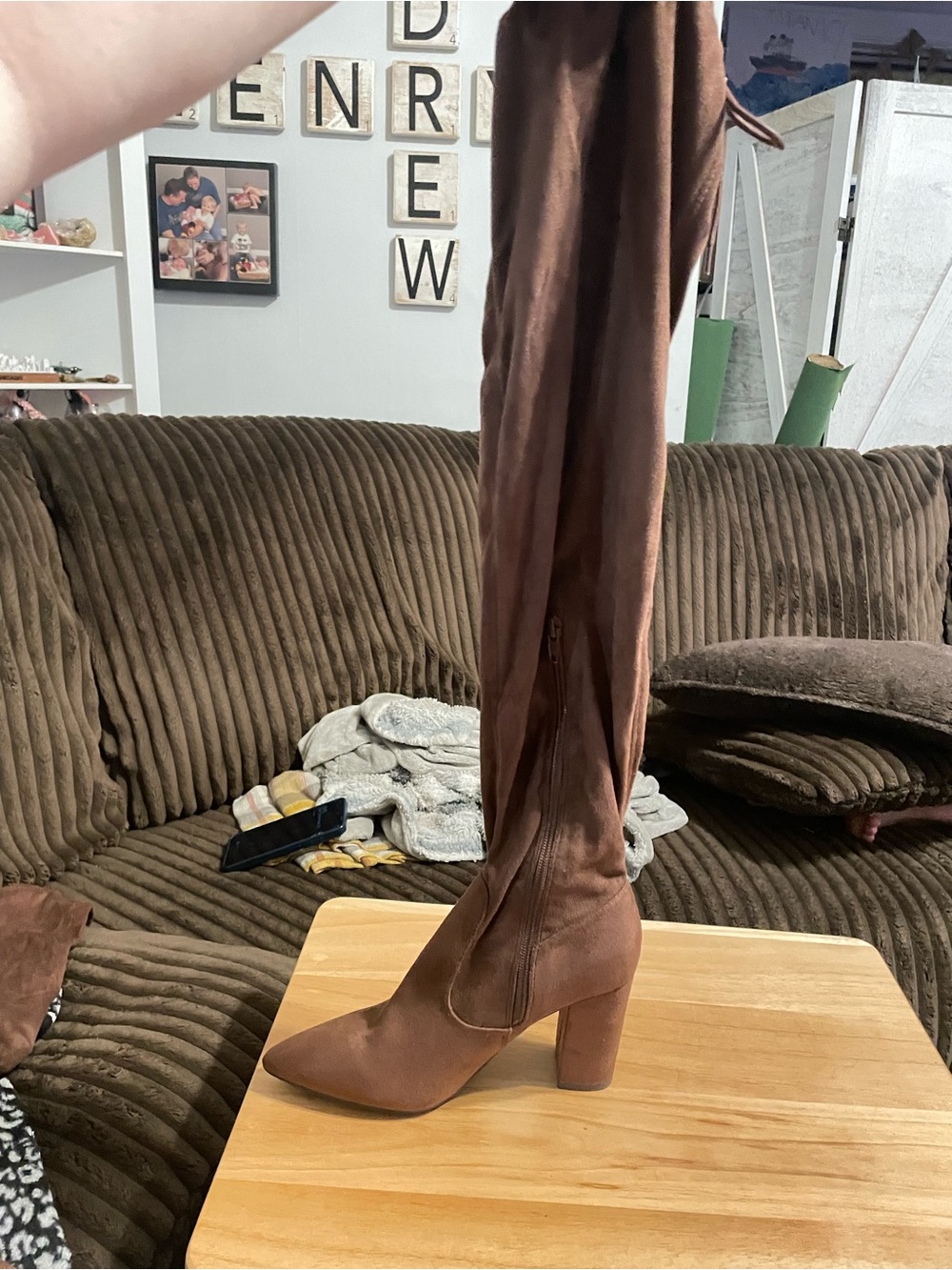 Women’s Knee-High Pointed Toe Block Heel Boot in Brown